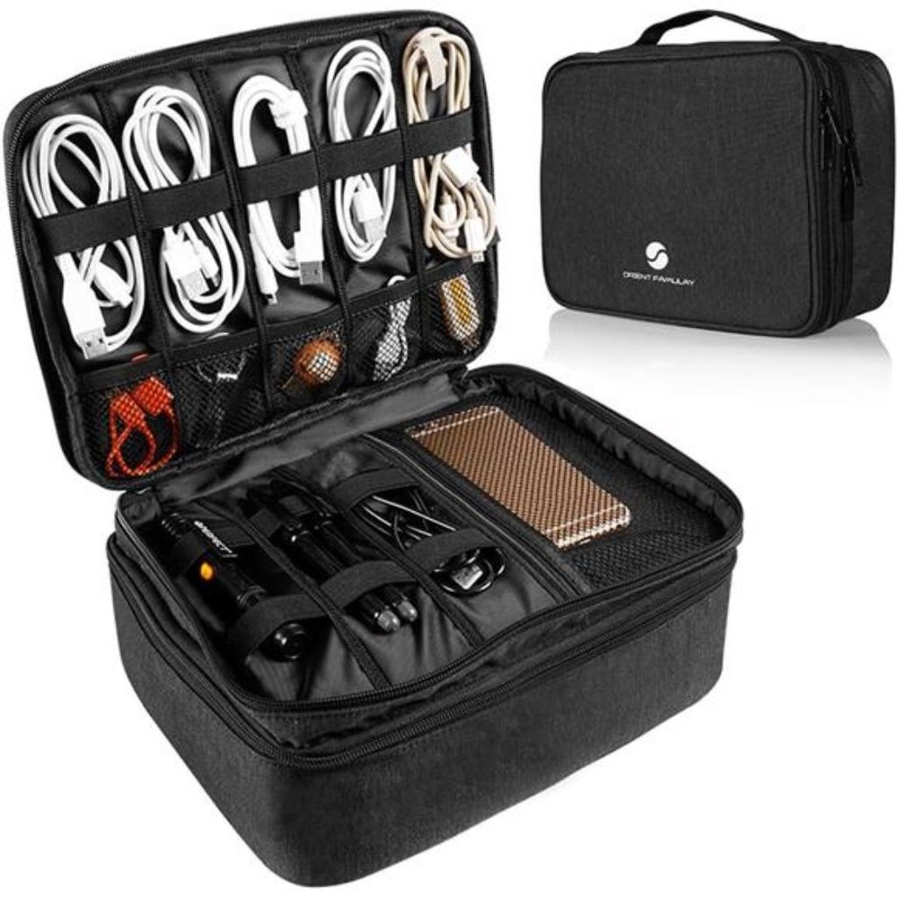 Electronics Organizer, Waterproof Bag  Double Layer Large Shockproof - Black